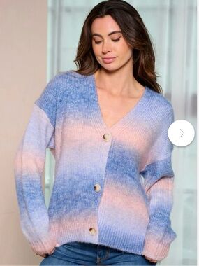 Hem & Thread Blue and Blush Ombre V-Neck Button Cardigan